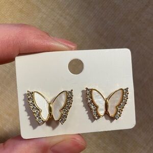 Gold Butterfly Stud Earrings with White Inlay